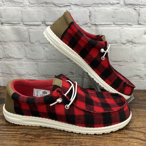 New Hey Dude Wally Slip-on Shoes sz 12 Red Buffalo Plaid Christmas Boy's
